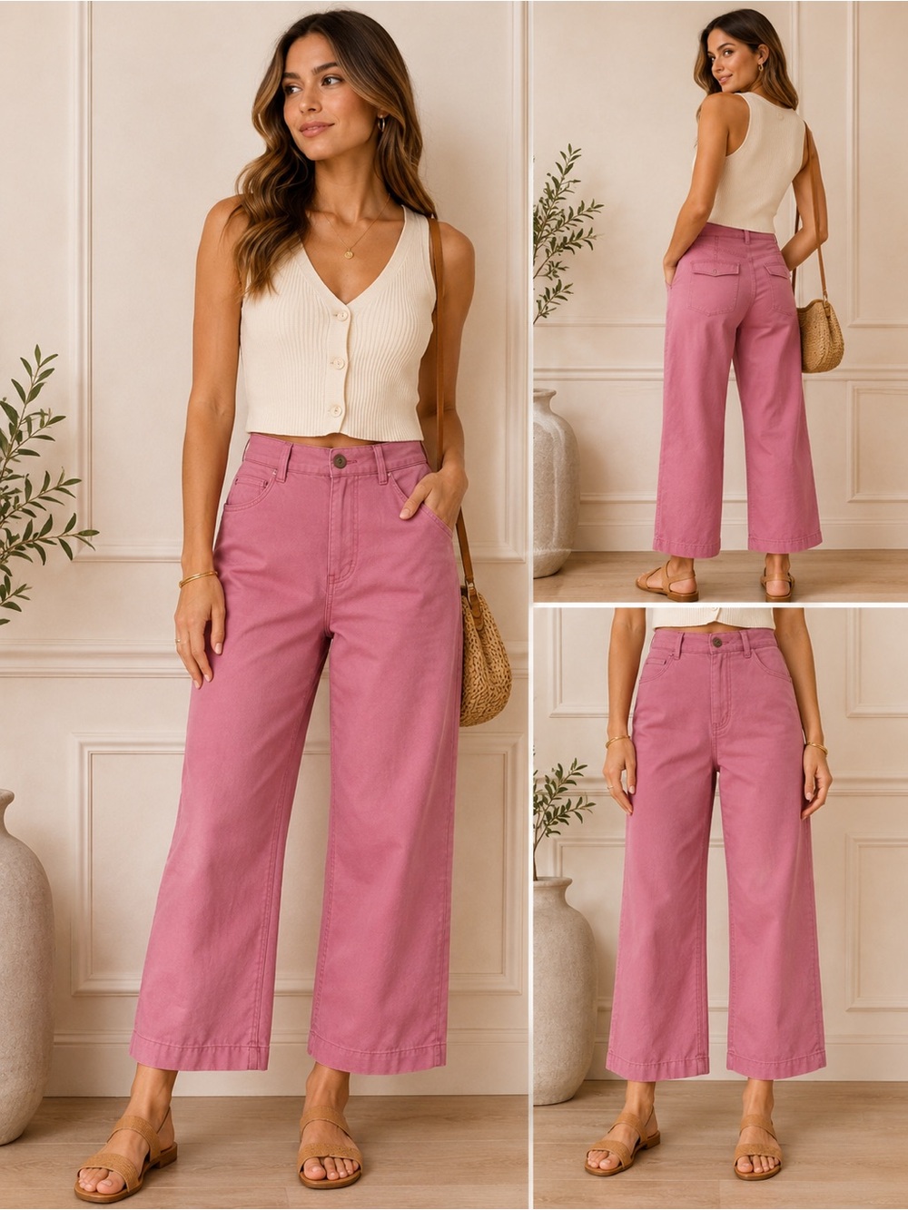 LOFT The Monroe Wide Leg Pants 0P Pink Cotton Stretch HighRise Petite PreppyChic